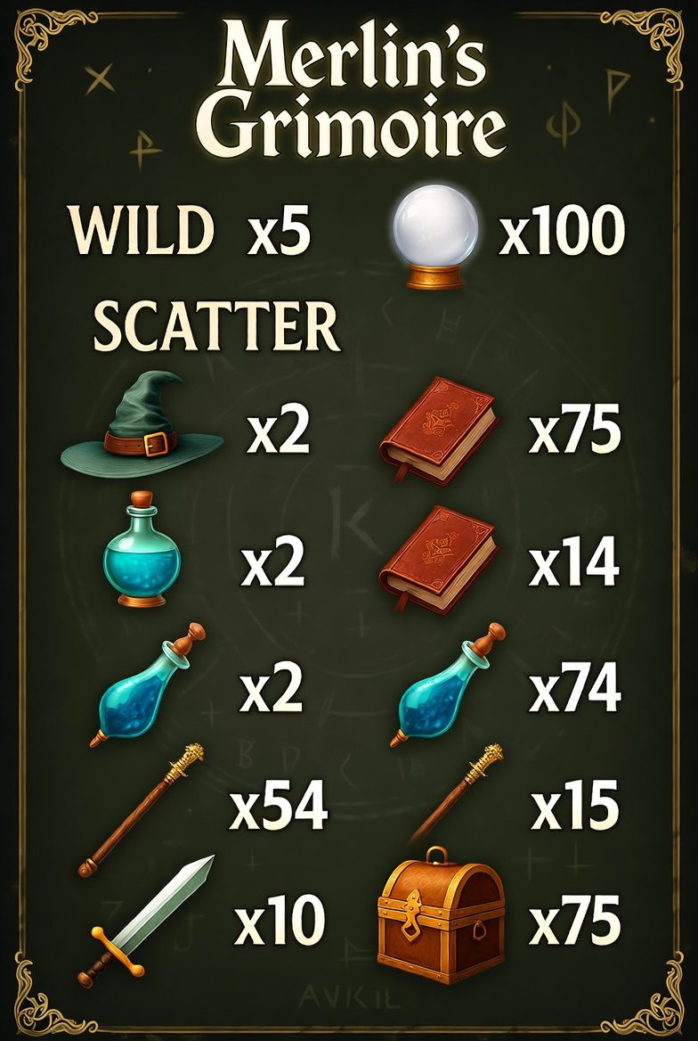 Merlin's Grimoire slotidagi belgilarning Wild va Scatter koeffitsientlari ko'rsatilgan to'lov jadvali