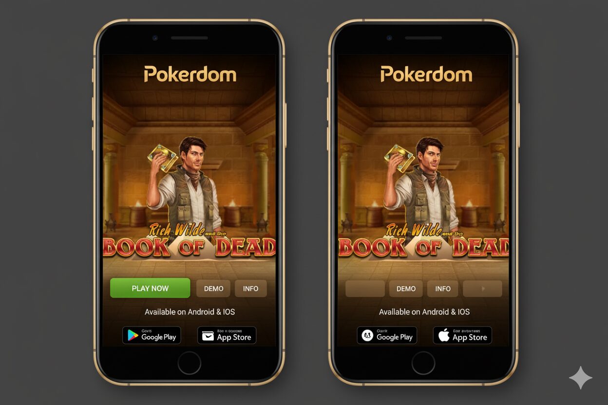 сгенерируй фото на тему Мобильное приложение Pokerdom для игры в Book of Dead на Android и iOS. Дизайн возьми. с моего фото